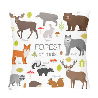 Personality  Forest Animals Isolated Vector Set. Moose, Wild Boar, Bear, Fox, Rabbit, Wolf, Skunk, Raccoon, Deer, Squirrel, Hedgehog Pillow Covers