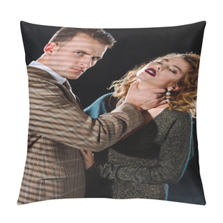 Personality  Serious Gangster Touching Neck Of Attractive Woman Isolated On Black  Pillow Covers