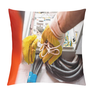 Personality  Cropped View Of Electrician In Gloves Holding Wires Near Electrical Box Pillow Covers