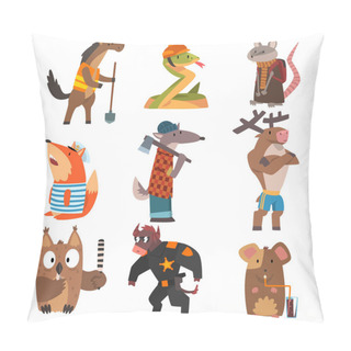 Personality  Animals Of Different Professions Set, Horse, Snake, Rat, Fox, Wolf, Deer, Owl, Bull, Mouse Humanized Animals Cartoon Characters Vector Illustration Pillow Covers
