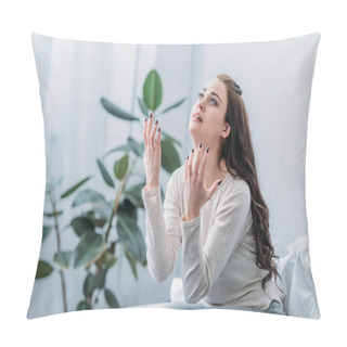Personality  Frustrated Woman Gesturing With Hands And Grieving At Home Pillow Covers