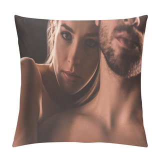 Personality  Sensual Lovers Embracing And Looking At Camera, On Brown Pillow Covers