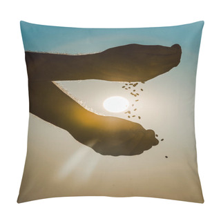 Personality  Cropped View Of Senior Farmer Throwing Seeds Pillow Covers