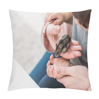 Personality  Partial View Of Mother And Son Holding Adorable Furry Hamster Pillow Covers