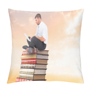 Personality  Businessman Sitting On Books Stacked By Sunset With Laptop Pillow Covers