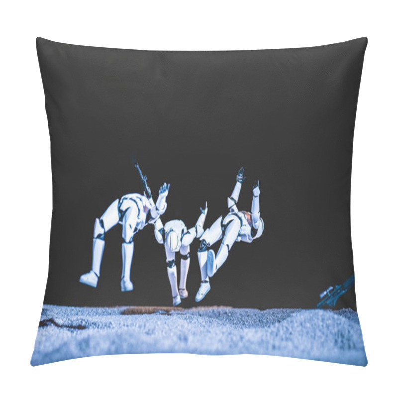 Personality  White Plastic Imperial Stormtrooper Levitating In Space Isolated On Black Pillow Covers
