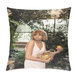 Personality  Stylish Young African American Woman In Summer Dress Holding Basket With Fresh Lemons And Standing In Blurred Garden Center At Background, Trendy Woman With Tropical Flair, Summer Concept Pillow Covers