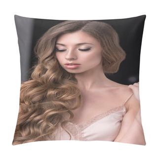 Personality  Portrait Of Tender Girl With Long Hair And Closed Eyes Pillow Covers