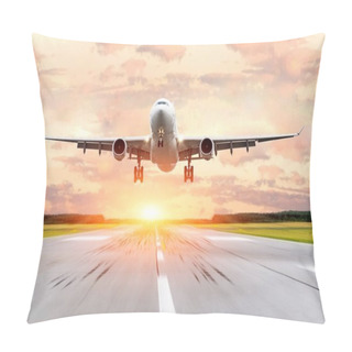 Personality  Passenger Airplane Landing At Sunset On A Runway. Pillow Covers