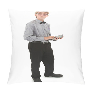 Personality  Geeky Nerd Teen With Electronic Notepad Over White With Clipping Pillow Covers