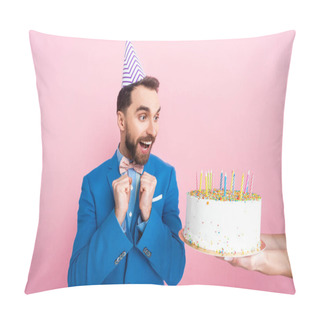 Personality  Cropped View Of Businesswoman Holding Birthday Cake Near Happy Businessman Isolated On Pink  Pillow Covers