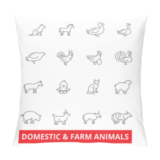 Personality  Domestic Farm Animals Line Icons. Cow, Dog, Cat, Donkey, Chicken, Duck, Goose, Pig, Sheep. Editable Strokes. Flat Design Vector Illustration Symbol Concept. Linear Signs Isolated On White Background Pillow Covers