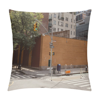 Personality  Brick Fence Near Road Pole With Traffic Light Of Crossroad With Pedestrian Crossing In New York City Pillow Covers