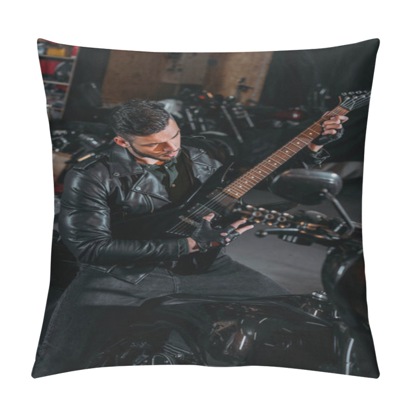 Personality  Handsome Young Man Playing Guitar While Sitting On Bike At Garage Pillow Covers