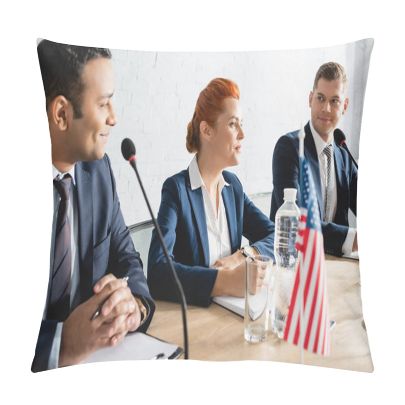 Personality  Smiling Multicultural Politicians Taking Part In Party Congress Pillow Covers