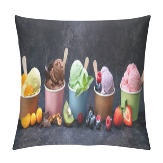 Personality  Various Colorful Ice Cream In Paper Cup On Dark Rustic Background Pillow Covers