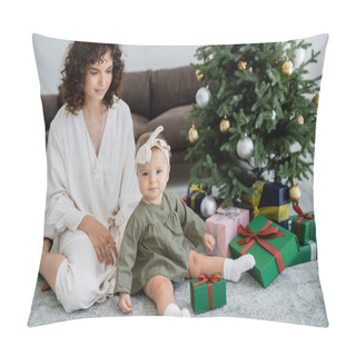 Personality  Cheerful Mother Sitting Near Baby Daughter And Presents Under Decorated Christmas Tree  Pillow Covers