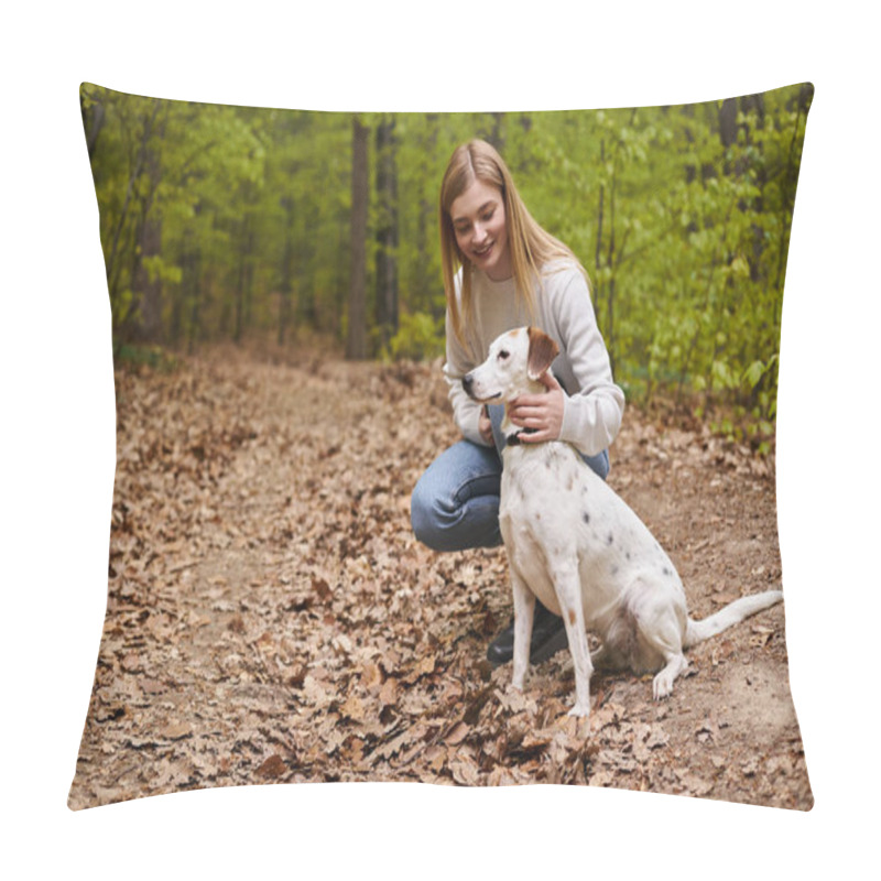 Personality  Happy Girl Interacting With Her Pet Looking At Dog Hiking Rest With Forest View Pillow Covers