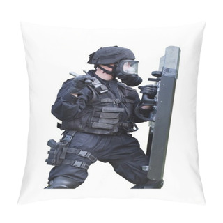 Personality  Policeman In A Gas Mask And Shield, Isolated On White Pillow Covers