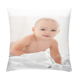 Personality  Cute Little Child Crawling On White Fabric And Looking At Camera Pillow Covers