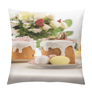 Personality  Selective Focus Of Delicious Easter Cake With Golden French Macaroons And Meringue On Icing Near Floral Bouquet And Eggs Pillow Covers