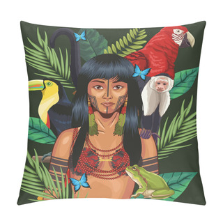 Personality  Indigenous Woman With Jungle Animals Pillow Covers