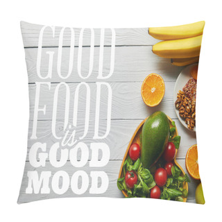 Personality  Top View Of Fresh Fruits, Vegetables In Heart-shaped Bowl On Wooden White Background With Good Food Is Good Mood Lettering Pillow Covers