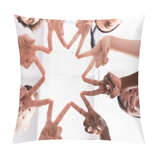 Personality  Bottom View Of Multiethnic Volunteers Showing Peace Gesture  Pillow Covers