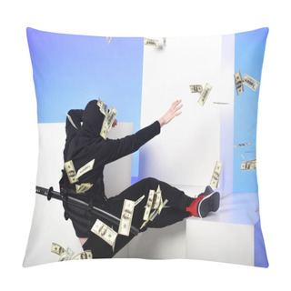 Personality  Back View Of Ninja In Black Clothing Catching Dollar Banknotes On White Blocks Isolated On Blue Pillow Covers