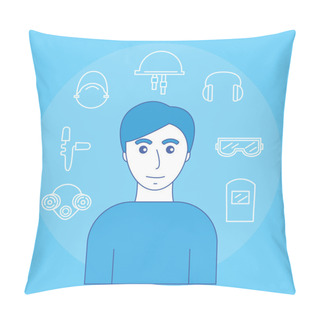 Personality  Image Of Man And Icons Of Personal Protective Equipment Sight, Hearing, Smell And Head. Vector Illustration. Pillow Covers