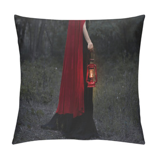 Personality  Cropped View Of Mystic Girl With Kerosene Lamp Walking In Dark Forest  Pillow Covers