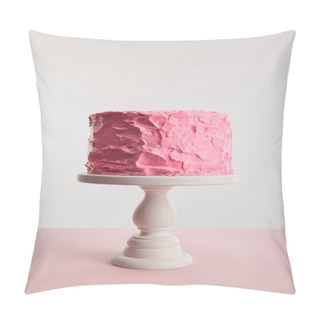 Personality  Sweet Pink Birthday Cake On Cake Stand Isolated On Grey Pillow Covers