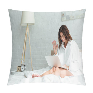 Personality  Attractive Woman In White Shirt Smiling And Having Video Call At Morning  Pillow Covers