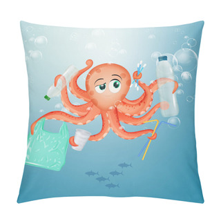 Personality  Illustration Of Octopus With Plastic Waste Pillow Covers