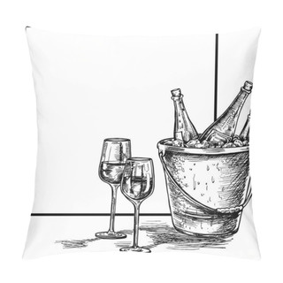 Personality  Sketch Of Wine Bottle, Glass Of Red Wine. Hand Drawn Sketch Vect Pillow Covers