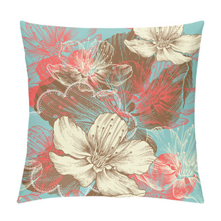 Personality  Seamless Floral Background With Flowers Apple, Hand Drawing, Vector. Pillow Covers