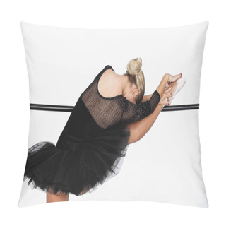 Personality  Back View Of Elegant Ballerina Practicing Ballet Moves At Barre On White Background Pillow Covers