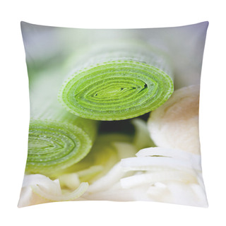 Personality  Closeup Of A Chopped Leek On A Wooden Board In A Kitchen Pillow Covers