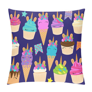 Personality  Cute Vector Collection Of Unicorn Themed Desserts And Birthday Decorations Pillow Covers