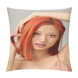 Personality  Alluring Young Asian Woman With Perfect Skin Posing On Grey Background, Gentle Expression Pillow Covers
