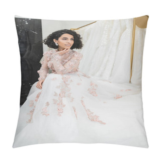 Personality  Happy Middle Eastern Woman With Wavy Hair Sitting In Gorgeous And Floral Wedding Dress Near Blurred And White Gown Inside Of Luxurious Bridal Salon, Charming And Elegant, Bride-to-be Pillow Covers