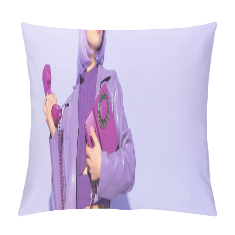 Personality  Cropped View Of Young Woman Dressed In Doll Style With Retro Telephone On Violet Colorful Background Pillow Covers