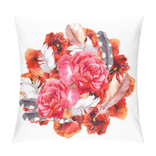 Personality  Floral Hippie Chic Style - Circle Composition With Vibrant Flowers Poppies, Roses And Feathers. Watercolor Art Pillow Covers