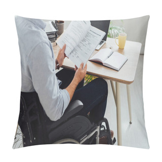 Personality  Cropped View Of Man In Wheelchair Looking At Papers At Workplace Pillow Covers