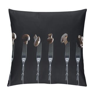Personality  Row Of Champignon Mushrooms On Forks Isolated On Black Pillow Covers