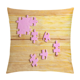Personality  Puzzle Pieces On Wooden Background. Unity Concept Pillow Covers