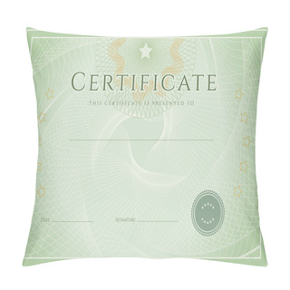 Personality  Certificate, Diploma Of Completion (design Template, Background) With Guilloche Pattern (watermark), Rosette, Border, Frame. Green Certificate Of Achievement, Education, Coupon, Award, Winner. Vector Pillow Covers