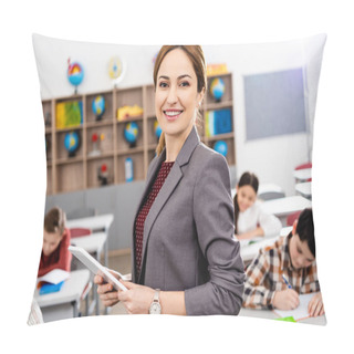 Personality  Smiling Teacher With Digital Tablet Standing In Front Of Pupils And Looking At Camera Pillow Covers