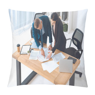 Personality  High Angle View Of Business Colleagues Doing Paperwork At Workplace In Office Pillow Covers