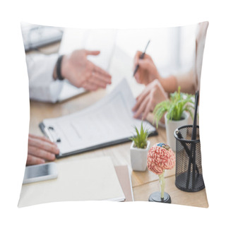 Personality  Cropped View Of Doctor With Patient Signing Insurance Claim Form  Pillow Covers